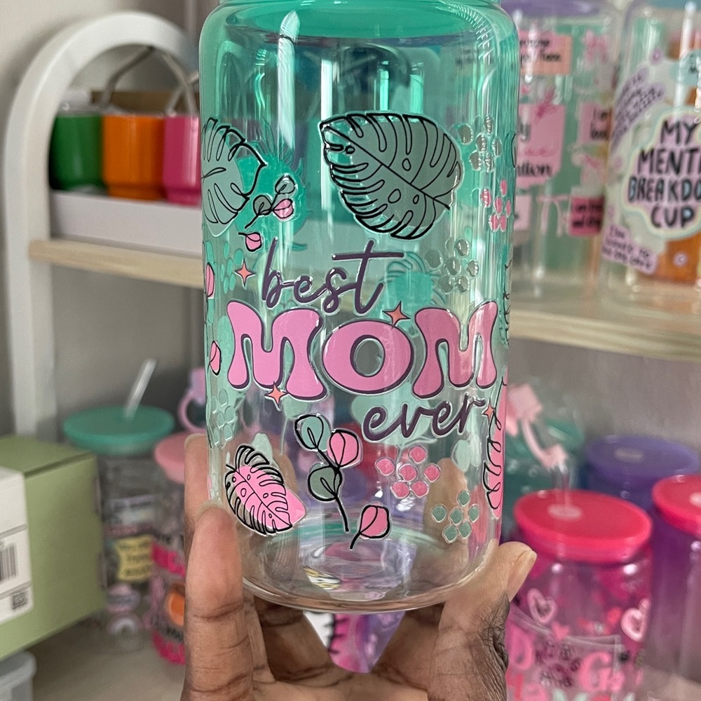 Best Mom Ever Glass Tumbler - Pink and Green